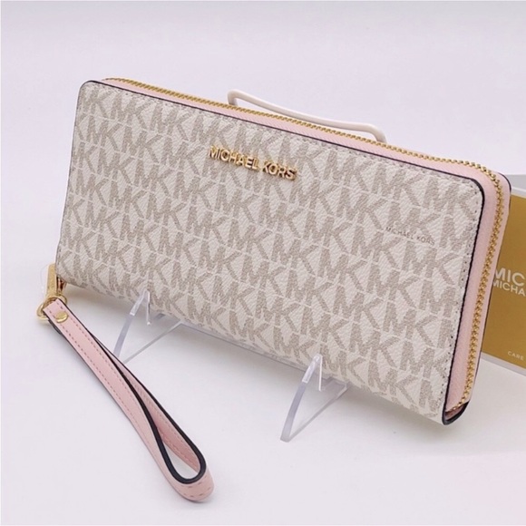 Michael Kors Jet Set Travel Large Logo Continental Wristlet vanilla Powder Blush - Picture 12 of 12